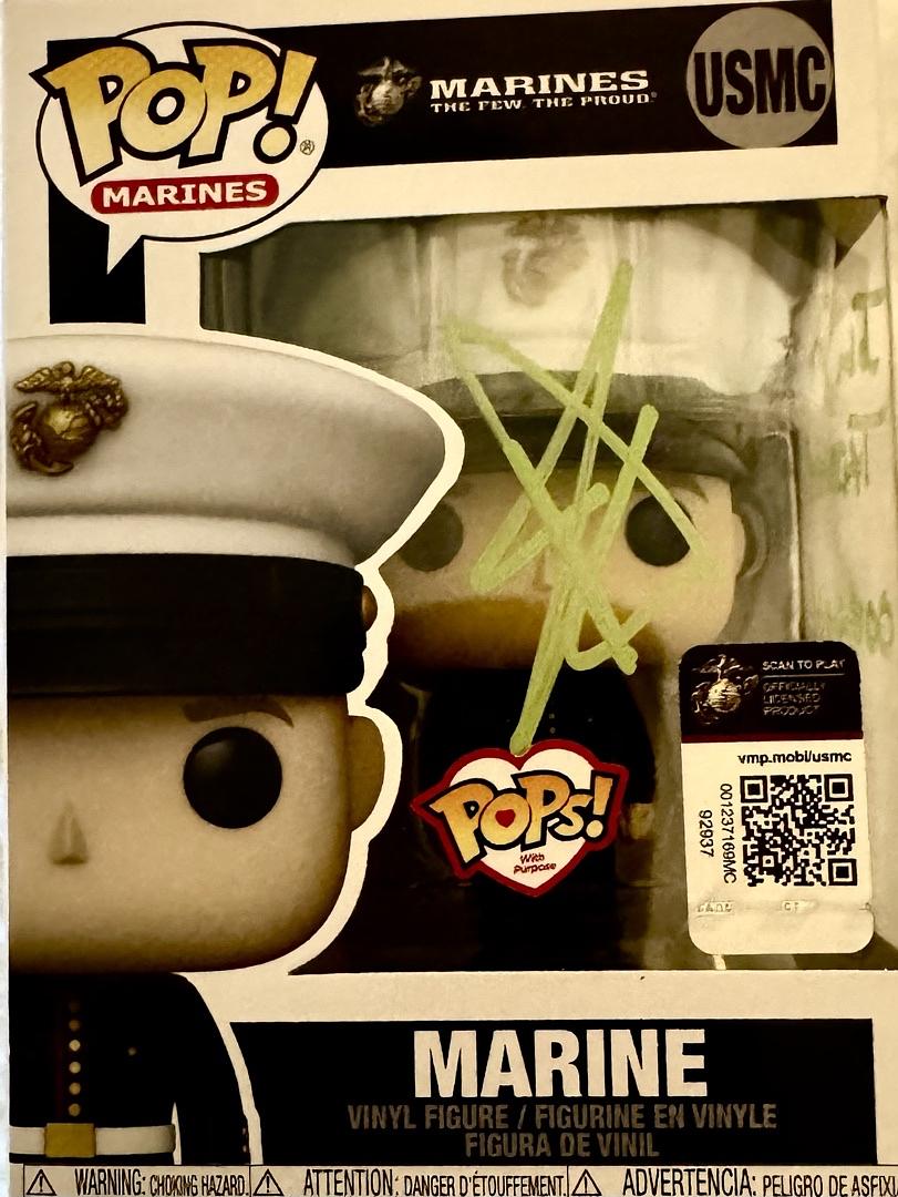 John Cena signed Rare Vaulted USMC Funko w/character name and quote *RARE* - Official Pix COA